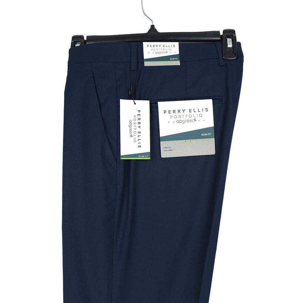 Perry Ellis Mens Slim Fit Dress Pants 38x32 Dark Blue Solid Stretch Micro Twill
